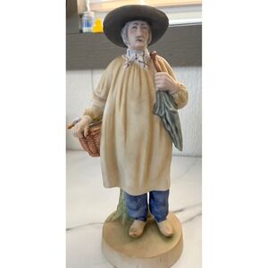 Vintage Andrea Made in Japan Porcelain Figurine Man Farmer Hat Basket Umbrella